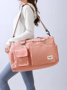 Women's Fashion Large Capacity Travel Bag, Solid Color Letter Patch Zipper Pocket Travel Bag, Casual Lightweight Travel Bag for Gym & Short Business Trips, Durable Travel Bag