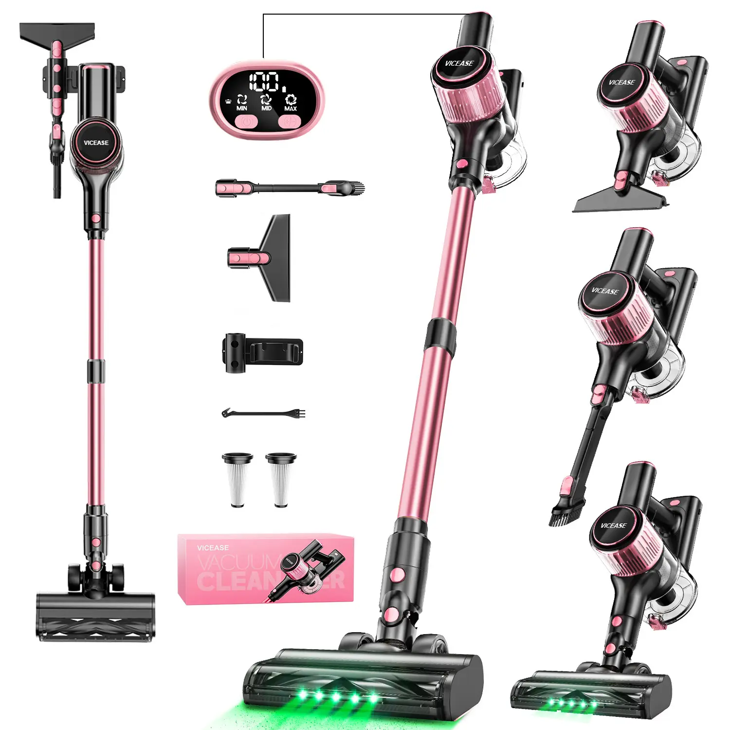 VICEASE Cordless Vacuum Cleaner, 450W 33Kpa, LED Display, Green LED, Anti-Tangle & 1.5L Dust Cup, Gift Box, 8-in-1 Vacuum for Hardwood Floor/Carpet/Pet Hair/Car/Gift summerwins,