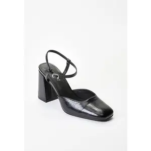 JUST FAB Women's Classic Black Block Heels - 3.25" Comfortable Square-Toe, Adjustable Ankle Strap, Classic Silhouette, Stylish Elegant Heels Shoes for Women