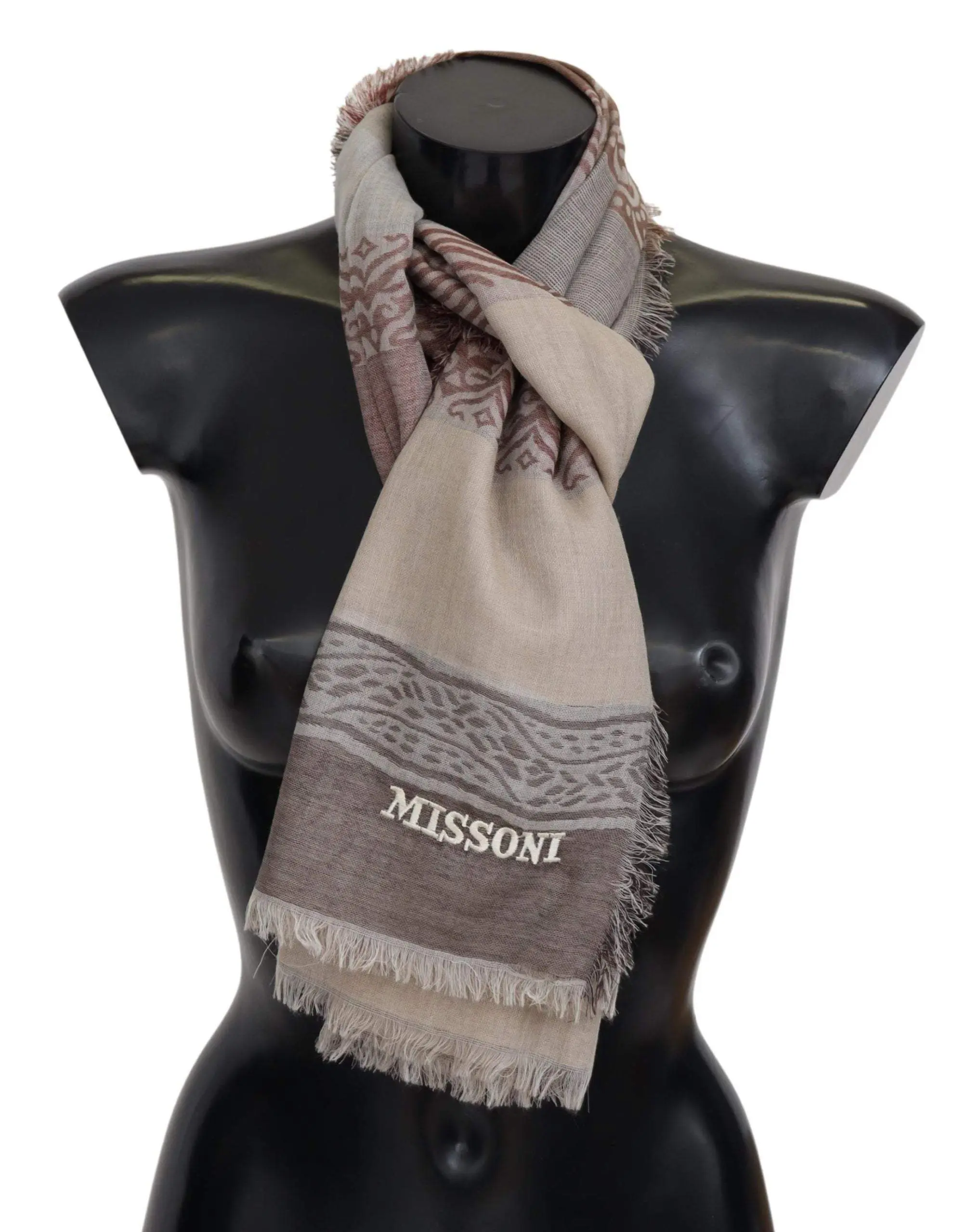 Missoni Brown Beige Wool Knit Neck Wrap Fringe Shawl