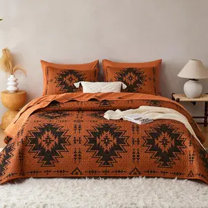 - Western Quilt Set, Southwestern Rustic Farmhouse Style with Aztec Geometric , Reversible Lightweight Bedspread Coverlet, 3 count, Burnt Orange, /Full Size
