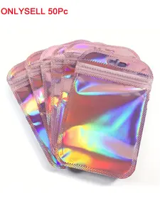 50pcs Rainbow Packing Bag Translucent Self Seal Pouches Iridescent Laser Zipper Bags For Glitter Charms Jewelry Earring Packaging