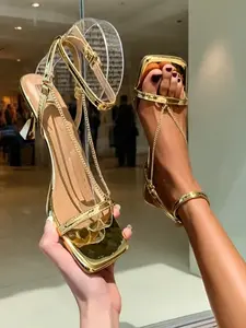 Women's Square Toe High Heel Sandals, Metal Chain Strap, Party/date/commute Versatile, Elegant and Stylish Footwear for All Occasions