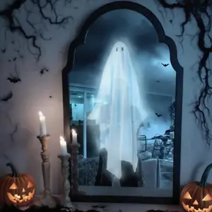 Holographic Ghost Mirror for Indoor Halloween Decor, Perfect for Halloween Room Decoration, Essential Party Supplies for Halloween Parties（ (Wavy Border, White Light)） Switch Decorative Gift Vanity Spooky