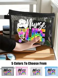 Large Capacity Mesh Makeup Bag with Zipper, Travel Cosmetic Bag, 5 Color Options, Nurse Life Stethoscope Mask Patterns, Multifunctional Travel Beach Handbag, Makeup Organizer Pouch, Makeup Storage Bag