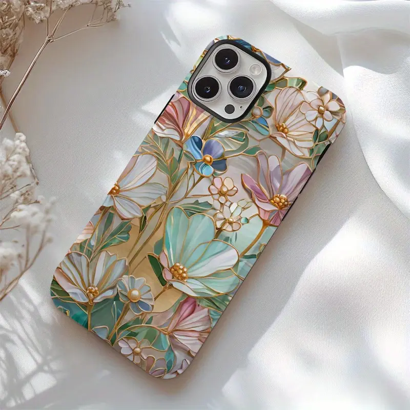 Durable Shock-Absorbing Glossy 2-in-1 Smartphone Case with Romantic Floral Stained Glass Design, Handheld Cellphone Protection for iPhone 11/12/13/14/15/16/17/X & Samsung Devices, Holiday Gift for Loved Ones, Casing
