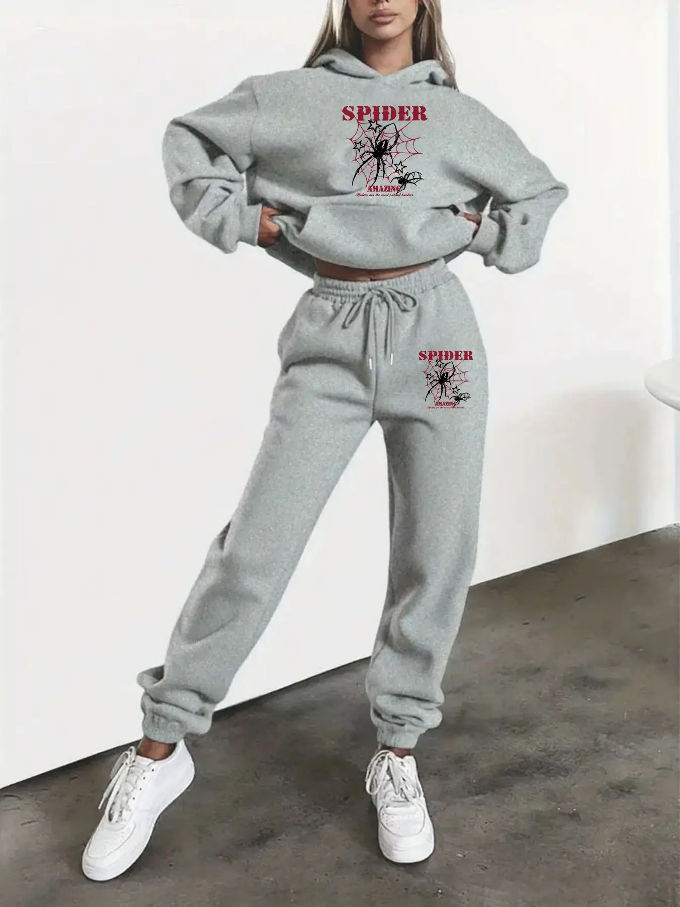 Women's Hooded Sweatshirt Set, Fall & Winter Spider Text Print, Casual Fitted Style, Colorful Graphic Design, Daily Wear & Party