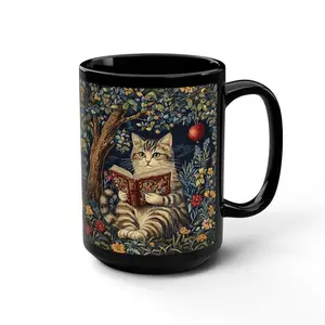 William Morris Style Mug | Cat Reading Book Mug | Tapestry Illustration