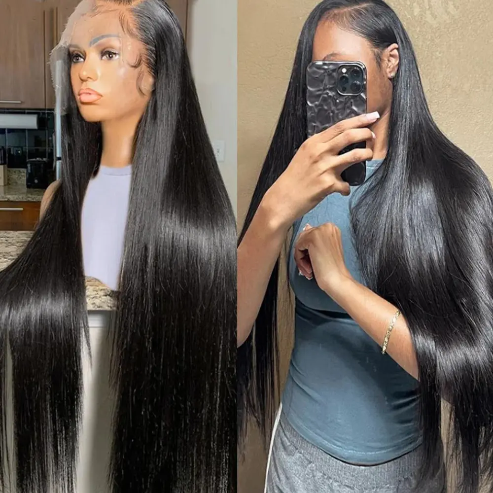 Bling Hair 32inch 13x6 Bone Straight Lace Front Wigs For Human Hair Wigs 180% Density Natural Black Color