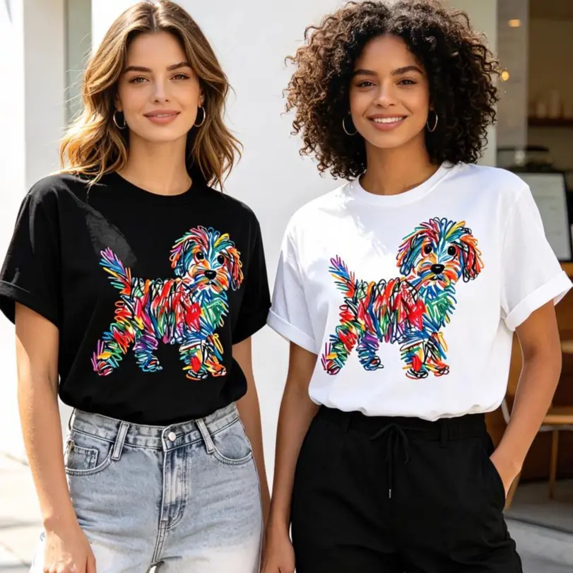 Women's Cotton Breathable Round Neck Short-Sleeve T-Shirt - Colorful Scribble Poodle Puppy Print, Relaxed Pet Lover Aesthetic, Casual Streetwear Clothes, Easy-Care Top