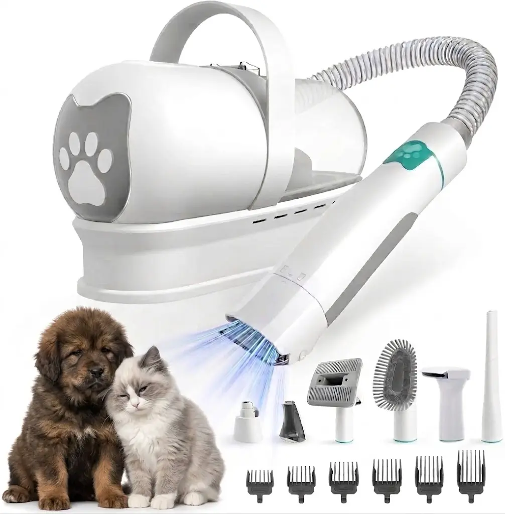 7-in-1 Pet Grooming Kit and Vacuum for Shedding, Low Noise Dog Hair Vacuum Groomer with Electric Clipper, Paw Trimmer, Nail Grinder, Nozzle Brush & 6 Limit Combs (3-24mm)