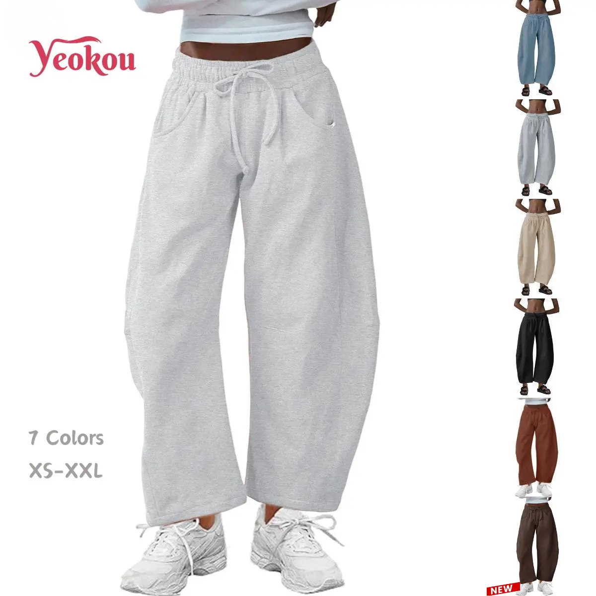 Yeokou Women's Soft Minimalist Basic Plain Casual Bottoms, Drawstring Elastic Waisted Barrel Leg Cotton Wide Leg Pants with Pockets,summerwins,back to school shopping