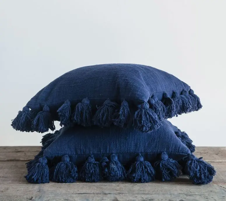 Cotton Woven Slub Pillow with Tassels - 5 Colors