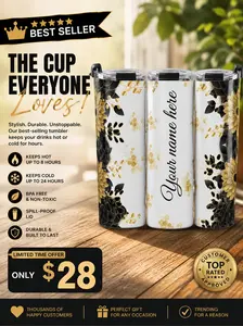 Glossy Black and Gold Floral Personalized 20oz Tumbler - Custom Name Insulated (Strong Insulation) Stainless Steel Cup, Stylish Leakproof Skinny Travel Mug with Lid, Portable Women's Hot & Cold Kitchen Drinkware Gift