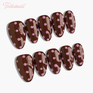 Choco Dot Handmade Press-On Nails | Short Almond Shape, 10pcs Handmade | Spring Summer Trending Chocolate Brown & Pink Polka Dots | Cozy Aesthetic & Cute Nails | High Gloss Mirror Finish | Reusable DIY Manicure Kit for Women Daily Wear | Trendy Sweet