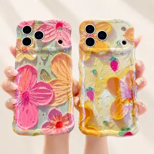 NUYETE Flower Case for iPhone 17 Pro Max 16 15 14 13 Pro Max, Colorful Retro Oil Painting Printed Laser Glossy Pattern Cute Curly Wave Edge Exquisite Phone Cover Stylish Durable TPU Protective Case for Girl Women
