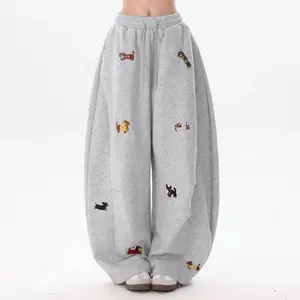 Women’s Lazy Style Embroidered Dog Drapey Straight Curved Wide-Leg Pants