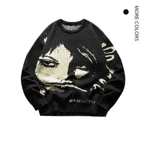 SAND SOUND Men's Edgy "Darkness" Portrait Print Round Neck Knit Sweater - Long Sleeves, Bold Text, Casual Loose Cut, Medium Size/Length, Alt Clothes, Fall Fashion Top for Artful Look, Halloween Ideal, Menswear, Knitwear, Male Clothing, Brand Clothing,soho