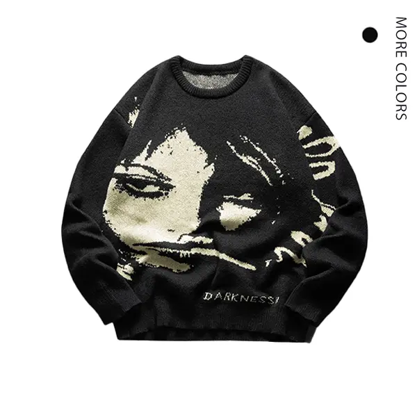 Men's Fashion Abstract Face Crew Neck Long-Sleeve Sweater - Loose Fit, Bold Graphic Print, Soft, Edgy, Casual Daily Wear, Fall/Winter Knitwear Must-Have, Menswear Top NO:TK999, Graphic Tops, Round Neck, Bold Print, Medium Length, Sweaters, Valentines Day