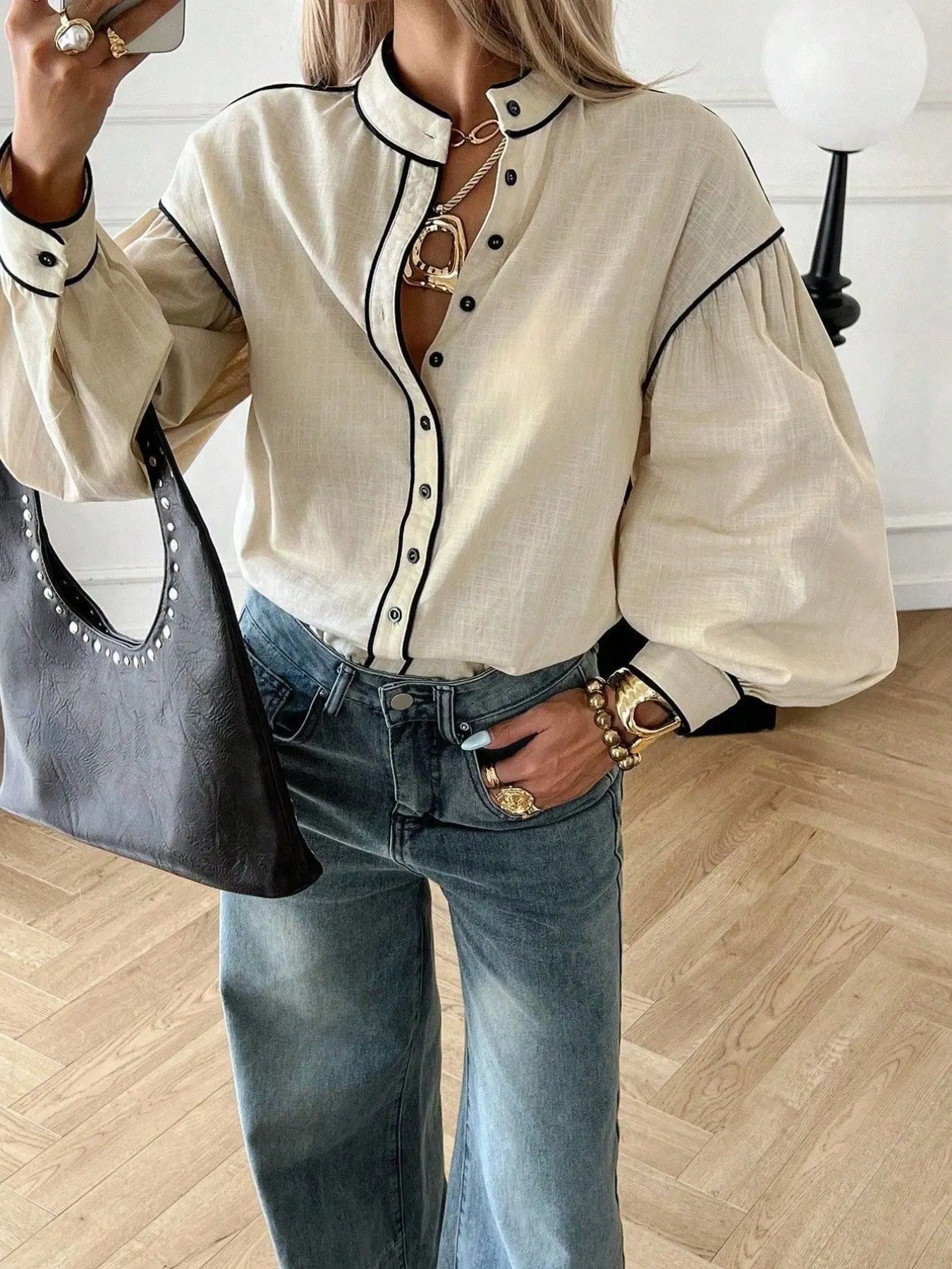 1 piece of women's summer solid color contrasting edged stand-up collar lantern sleeves loose lazy style long-sleeved Blouse shirt, suitable for office, vacation, home, daily wear, festivals, and four seasons
