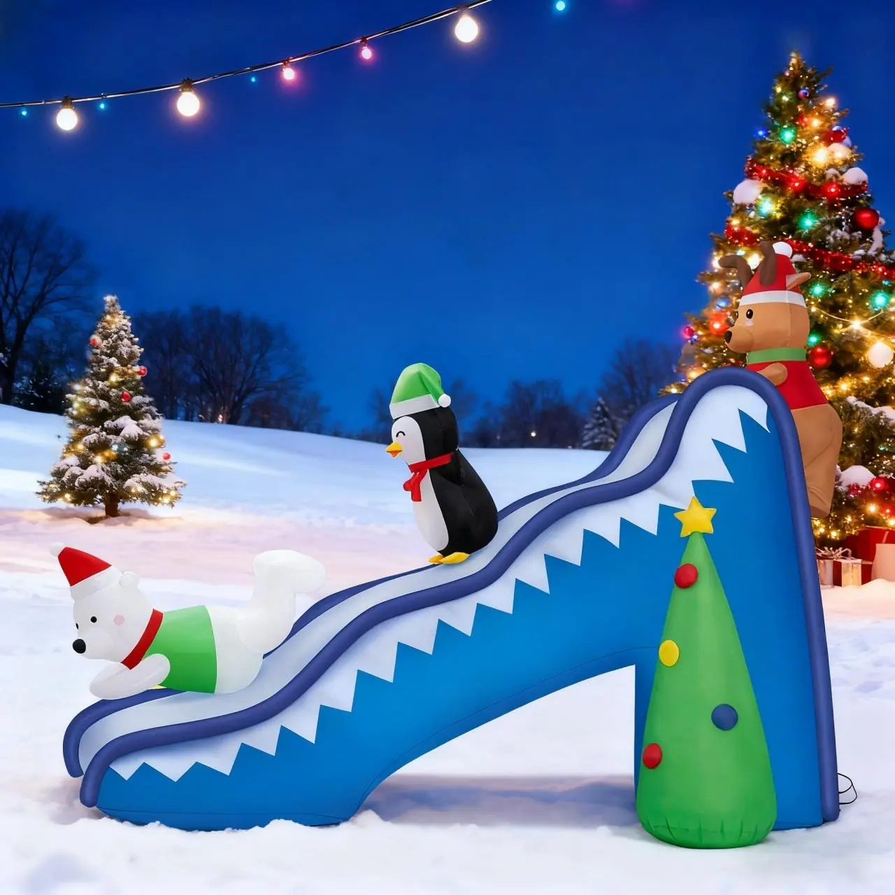 9ft Tall Irregular PVC Christmas Inflatable Decoration - Contemporary Design, Built-in Blower, Bright LED Lights, Corded Detachable Power Adaptor, Funny Slide Scene with Reindeer, Penguin, Polar Bear, Weather-Resistant for Ceremony, Kids' Lawn, Holiday, C