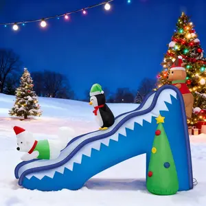 9ft Tall Christmas Inflatable Decoration - PVC, Contemporary Design, Built-in Blower, Bright LED Lights, Power Adaptor, Funny Slide Scene with Reindeer, Penguin, Polar Bear, Weather-Resistant for Lawn, Garden, Holiday
