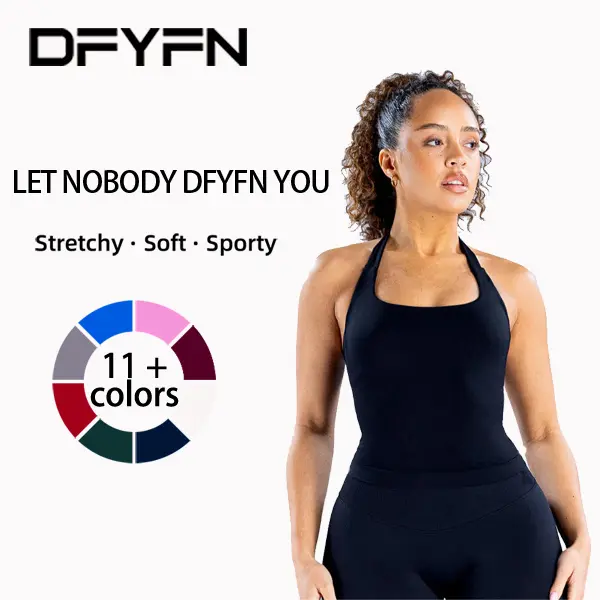（With logo) DFYNE Stretchy Halter Design Fitness Tank Top Built-in Bra Soft Fabric Activewear for Workout Pilates Casual Outfit