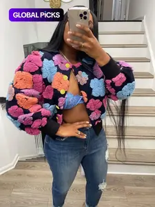 【Plus Size】 Floral Print Button Front Crop Jacket, Casual Long Sleeve Open Front Outerwear for Fall & Winter, Coat, Women's Clothes for Daily Wear, Clothing, Womenswear, Tops