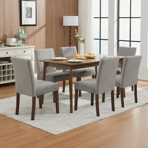 YJ-Garvee Set of 6 Upholstered Dining Chairs，6 chairs， with Modern Parsons Design, Soft Linen Fabric, Sturdy Wood Legs, Comfortable Beige Vertical Stripes for Dining Room, Restaurant, Cafe，Grey
