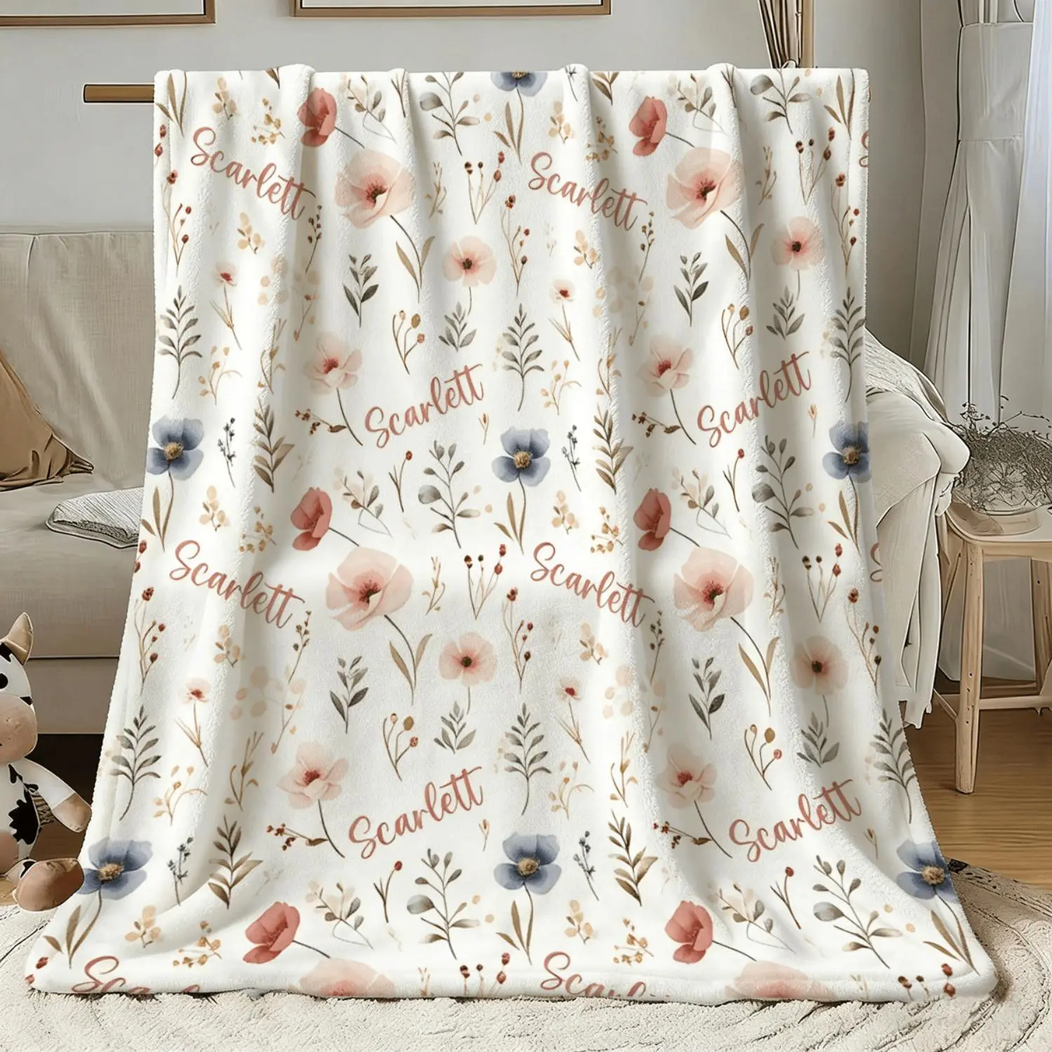 1pc Custom Name Flannel Pink Wildflower Personalized Blanket, with Exclusive Name Customization. Pink Blue Floral Pattern Gift, Soft Warm Nap Blanket, Sofa, Office, Camping Travel Multi-Functional All-Season, High-Quality Flannel Durable Material