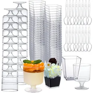 300 Packs Dessert Cups with Spoons, 5 OZ Mini Clear Plastic Dessert Parfait Cup for Party, Square Dessert Shot Glasse Round Goblet Small Reusable Fruit Ice Cream Pudding Appetizer Cup Bowls