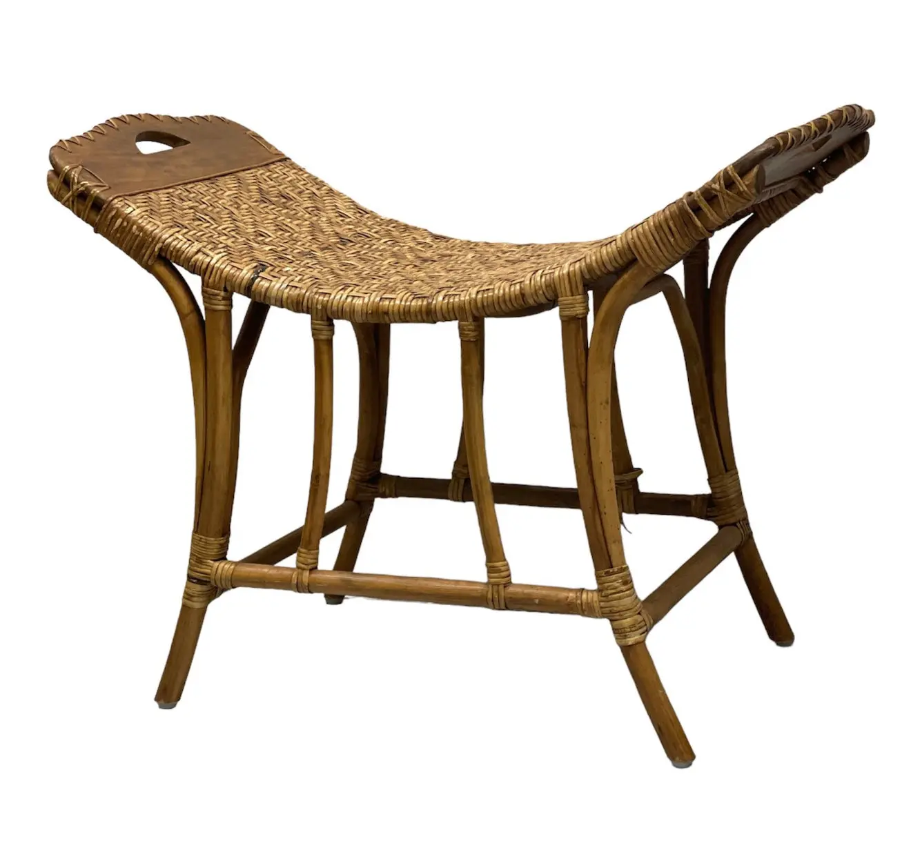 Vintage Wicker Bamboo Curved Bench  Rustic Bench