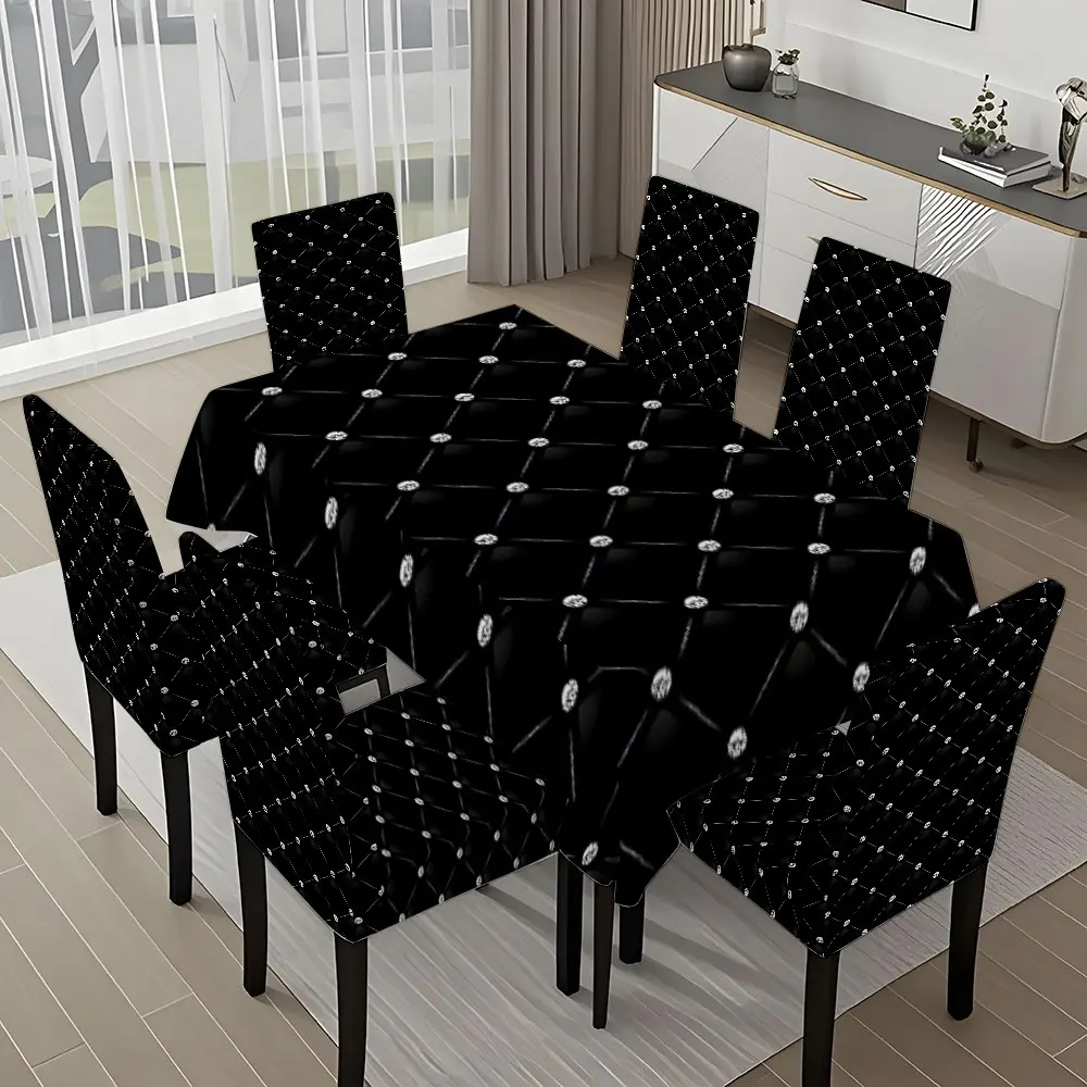 5/7-piece 2D Flat Printing Black and White Dot Geometric Pattern Printing Pattern Tablecloth and Chair Cover Set, chair covers for dining chairs, for dining table and chair decoration, perfect for home, holiday gatherings, restaurants, and parties.