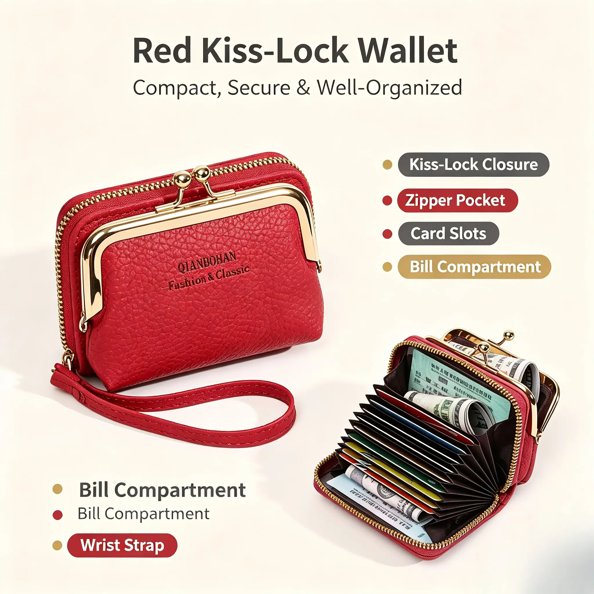 Women Short Wristlet Coin Purse, Korean Style Accordion Multi-Slot Card Holder with Coin Clip, Portable Daily Hand Strap Wallet
