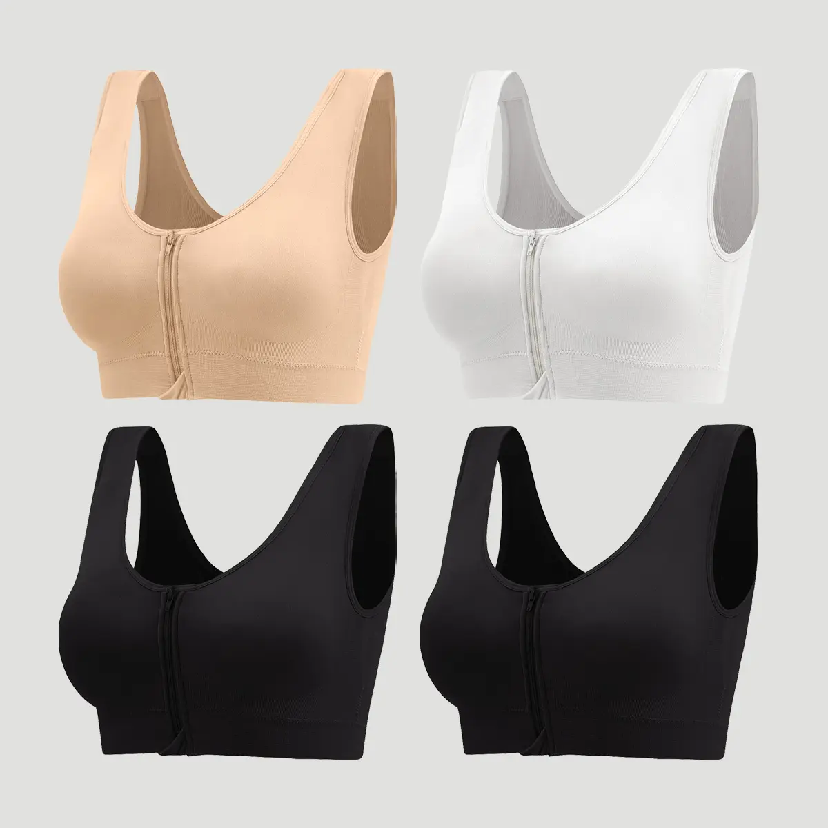 4PCS  Seamless women's tank bra — front zipper, push-up & lift, anti-spreading, wire-free, removable pads, wide straps, soft & breathable fabric, suitable for sports. Front-closure wire-free design