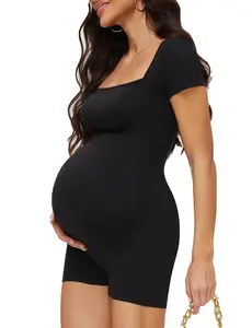 Maternity Romper with Square Neck and Short Sleeve Bodysuit Photoshoot Casual Workout Maternity Summer Clothes