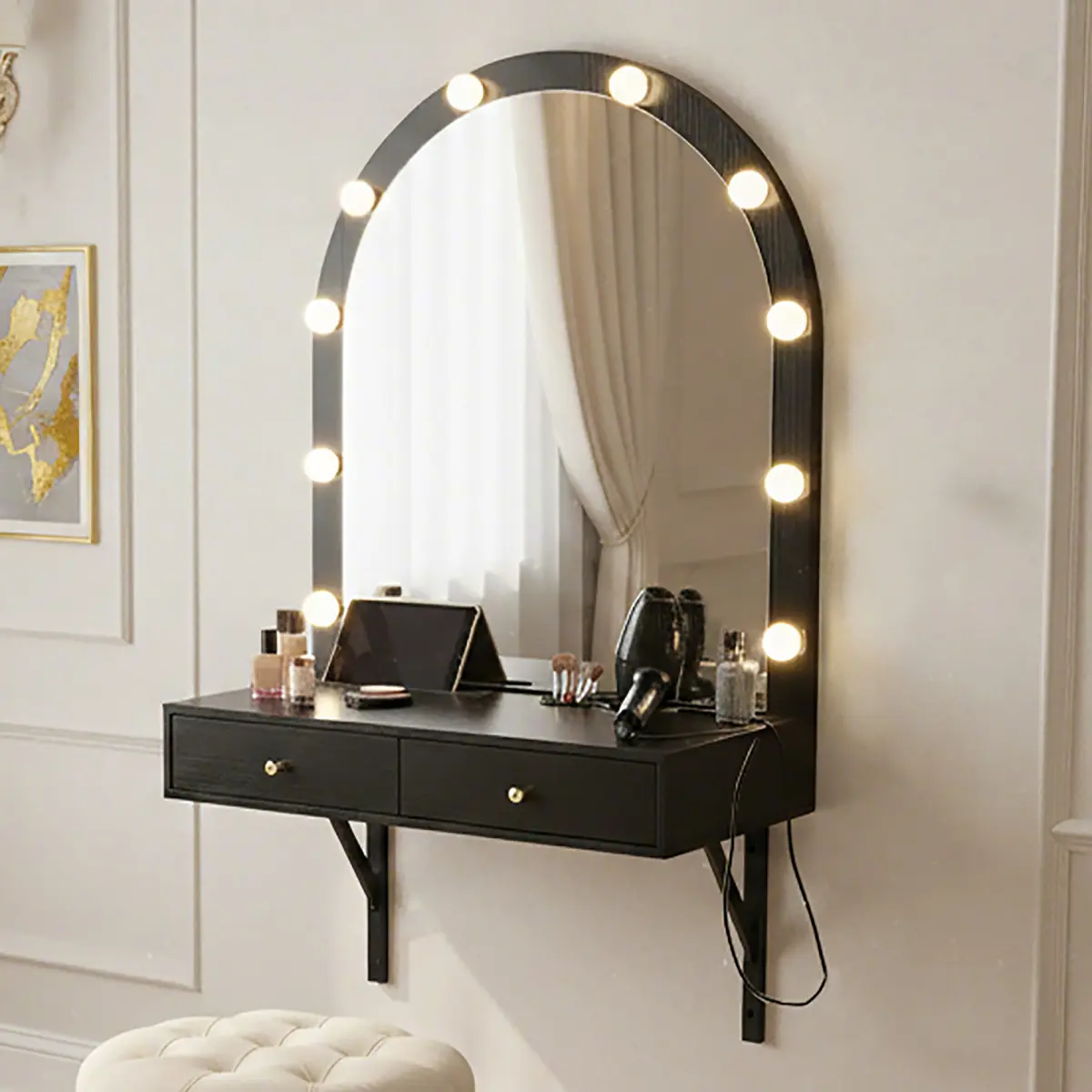 Wall-Mount Minimalist Glam Contemporary Engineered Wood Floating Makeup Vanity Desk for Bathrooms, 3-Color Adjustable HD Mirror, Power Outlet & USB Charging, 31.49x15.74x53.93in Compact Dressing Table, 121 lbs Capacity, Easy Assembly, Space-Saving Storage