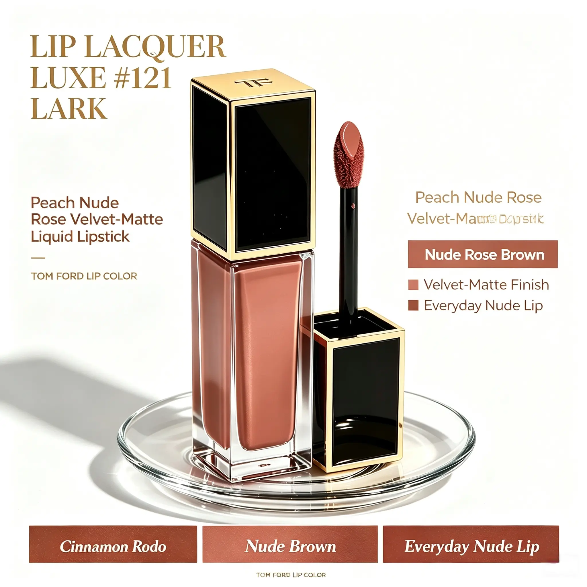 TOM FORD Liquid Lip Luxe Matte #121 Lark Velvet‑Matte Liquid Lipstick, Muted Cinnamon Rose‑Coffee Luxury Liquid Lip Color Full‑Size 6ml