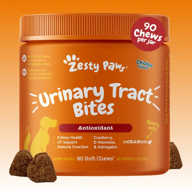 Zesty Paws Urinary Tract Bites for Dogs Soft Chew Pet Treats with Cranberry D-Mannose & Astragalus for Kidney Bladder Health Ut Support Immune Function Premium InCRANable Concentrate Chicken Flavor