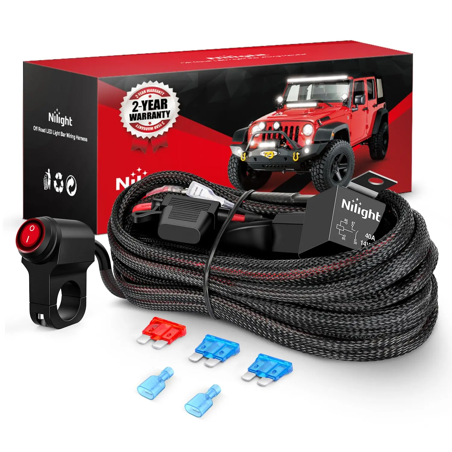 Nilight High-Quality Nylon 16 AWG Wiring Harness Kit - 1 Lead, 12V Rating, Motorcycle Handlebar On-Off Rocker Switch, Power Relay, Blade Fuse for LED Light Bar, Outdoor Lighting - Truck, Scooter, Snowmobile, Bicycle, Tractor Use