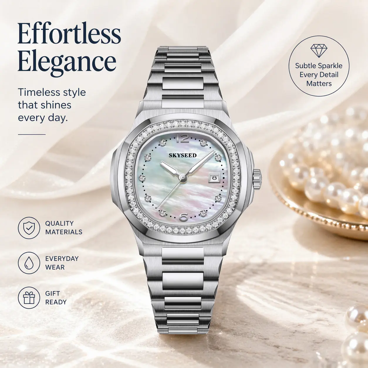 Luxury Women Automatic Mechanical Watch, Diamond Bezel Mother of Pearl Dial, Stainless Steel Bracelet, Waterproof Ladies Wristwatch, Elegant Dress Watch for Gift（GongX1）
