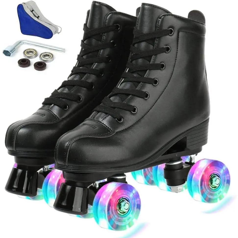 Unisex Classic High-Top PU Leather 4-Wheel Sports Roller Skates for Beginners, ABEC-7 Bearings, Shock-Absorb Design, Quick Braking, Indoor/Outdoor Use, 38-US Women's 8/US Men's 6.5 Sizes, 1 Pair