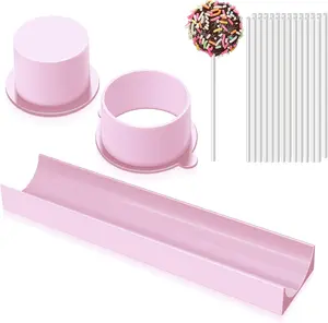 Round Cake Pop Mold Set with 9 Inch Tray and Sticks ABS Cake Pop Maker Circle Cutter & Pusher Baking Molds Kit for Parties Wedding Home Desserts Pink