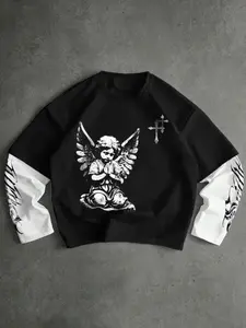 Unisex and Angel Print Hoodie, Graphic Design with Cross Detail, Color Block Sleeve, Soft Comfortable Fabric for Casual Wear