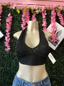 Isabellablush Women's Lady Basic Thick-Strap Midnight Shimmer Knit Halter Crop Top - 1-Piece Sexy Short Tank Camisole