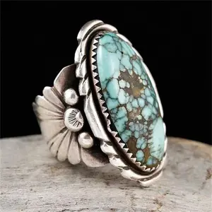 Vintage Natural Blue Turquoise Antique Silver Bohemian Ring New Alloy Created Stone Retro Ethnic Jewelry Unique Ring