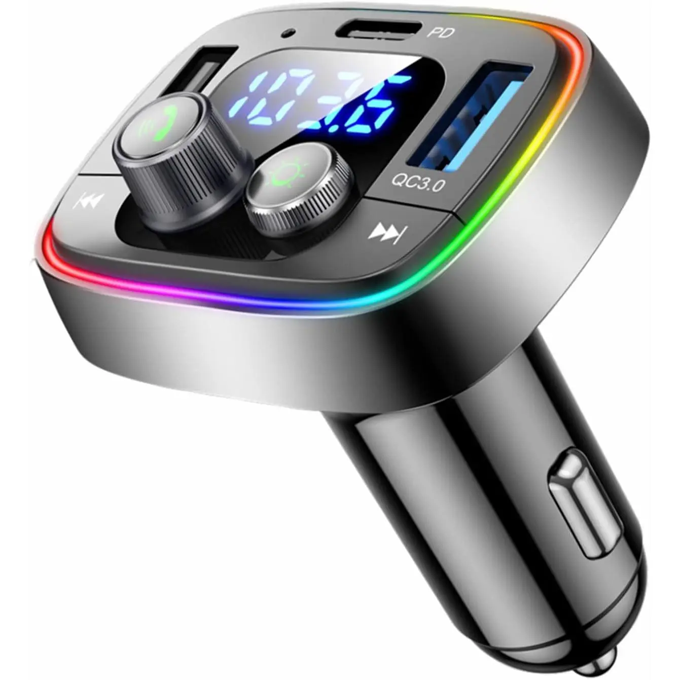 USB C  Adapter for , AUX  FM Radio Transmitter, Handsfree Calling & Audio Receiver, MP3 Music Player, QC3.0 & Type-C PD USB Charger,7 Colors LED Backlit