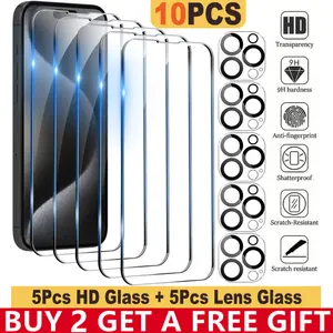 5Pcs Tempered Glass Screen Protector+5Pcs Camera Lens Protectors for iPhone 17 Pro Max Plus 16 15 14 13 12 11, 9H HD Tempered Glass Film, Anti-Scratch