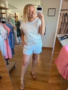 Sage Green Striped Drawstring Shorts