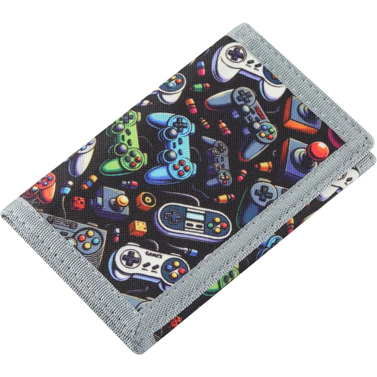 Kids' Trifold Wallet for Boys & Girls, Video Game Canvas Money Pouch with Velcro Closure & Zippered Coin Pocket, Gift for Children Ages 4-12, Gray, Birthday, Children Age Four And Up